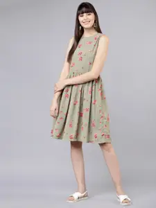 Tokyo Talkies Women Olive Green Printed Fit and Flare Dress