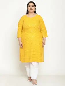 QUEENLEY Plus Size Ethnic Motifs Embroidered Chikankari Cotton Straight Kurta