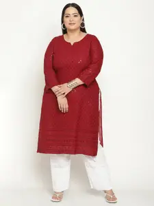 QUEENLEY Plus Size Ethnic Motifs Embroidered Chikankari Cotton Straight Kurta