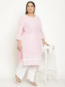 QUEENLEY Plus Size Ethnic Motifs Embroidered Chikankari Straight Kurta