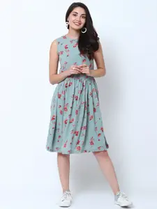 Tokyo Talkies Women Blue Printed Fit and Flare Dress