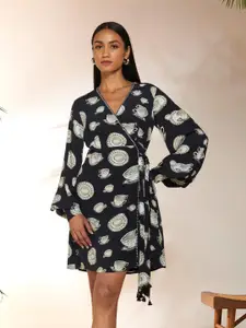 Masaba Women Flared Sleeve Crepe Wrap Dress