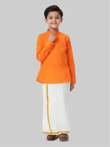 Ramraj Boys Striped Self Design Mandarin Collar Pure Cotton Straight Kurta With Dhoti