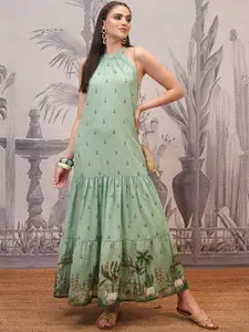 Vishudh Women Halter Neck Ruffles Ethnic Motifs Print Maxi Dress