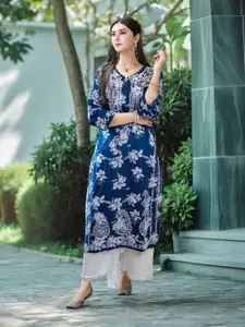 GoSriKi Floral Embroidered Chikankari Straight Kurta