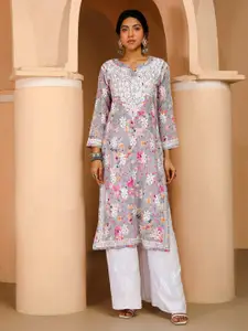 GoSriKi Floral Embroidered Chikankari Cotton Straight Kurta