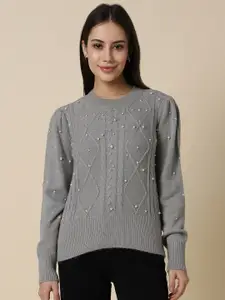 Allen Solly Woman Cable Knit Self Design Embellished Detailed Pure Acrylic Pullover