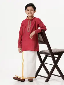 Ramraj Boys Mandarin Collar Thread Work Straight Kurta With Dhoti