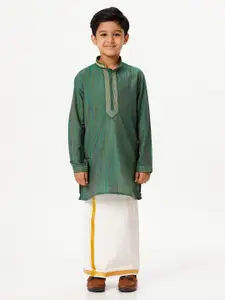 Ramraj Boys Mandarin Collar Thread Work Straight Kurta With Dhoti