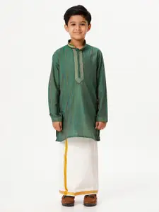 Ramraj Boys Mandarin Collar Thread Work Straight Kurta With Dhoti