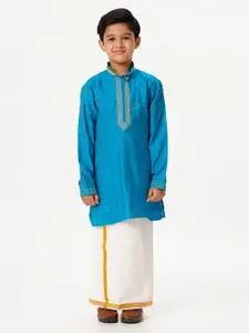 Ramraj Boys Mandarin Collar Thread Work Straight Kurta With Dhoti