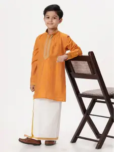 Ramraj Boys Mandarin Collar Thread Work Straight Kurta With Dhoti