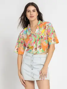 SHAYE Floral Print Tie-Up Neck Flared Sleeve Crepe Top