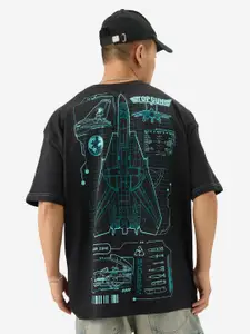 The Souled Store Black Graphic Printed Drop-Shoulder Sleeves Cotton Oversized T-shirt