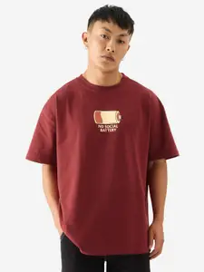 The Souled Store Maroon Graphic Printed Drop-Shoulder Sleeves Cotton Oversized T-shirt