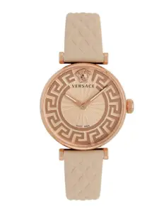 Versace Women Brass Embellished Dial & Leather Textured Straps Analogue Watch VE1CA0323