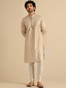 KISAH Geometric Embroidered Mandarin Collar Straight  Pure Cotton Kurta with Churidar