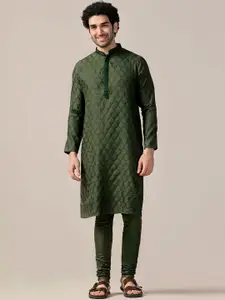 KISAH Floral Woven Design Mandarin Collar Thread Work Kurta with Churidar
