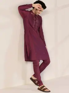 KISAH Embroidered Mandarin Collar Long Sleeves Kurta with Churidar