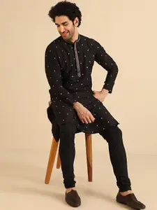 KISAH Floral Embroidered Mandarin Collar Long Sleeves Thread Work Kurta with Churidar