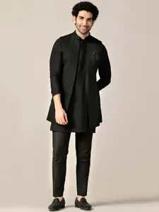KISAH Mandarin Collar Long Sleeves Straight Kurta with Trousers & Nehru jacket