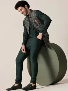 KISAH Men Regular Straight Kurta With Churidar & Printed Nehru Jacket Set