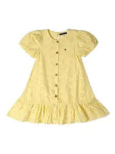 Allen Solly Junior Girls Pure Cotton Puff Sleeve A-Line Solid Dress