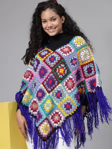 Velvery Ethnic Motifs Self Design Poncho with Fringed Detail