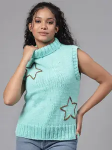 Velvery Quirky Self Design Turtle Neck Acrylic Sweater Vest