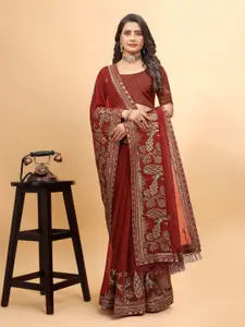 DRIZOMIZ Floral Embroidered Pure Georgette Heavy Work Ikat Saree