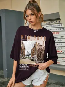 CHKOKKO Women Printed Henley Neck Applique T-shirt