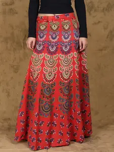 Exotic India Printed Pure Cotton Flared Maxi Skirts