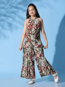 FASHION DREAM Girls Halter Neck Floral Printed Top with Palazzos