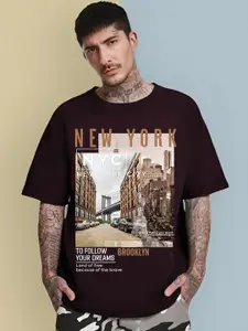 CHKOKKO Graphic Printed Round Neck Drop-Shoulder Sleeves Oversized Cotton T-shirt