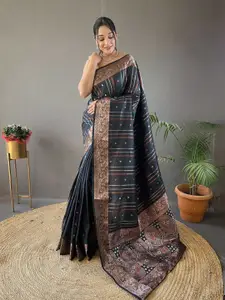 Mitera Black & Gold Toned Woven Design Zari Banarasi Saree