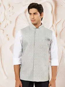 VASTRAMAY Leaf Motif Woven Nehru Jacket
