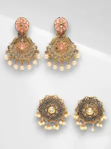 ADIVA Set Of 2 Gold-Plated Stone-Studded & Beaded Brass Classic Antique Drop Earrings