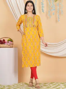 KALINI Floral Printed Mirror Work Straight Kurta