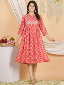 KALINI  Floral Printed Fit & Flare Midi Ethnic Dress