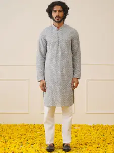 Jompers Embroidered Mandarin Collar Chikankari Pure Cotton Kurta with Pyjamas