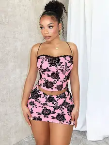 LULU & SKY Printed Shoulder Straps Top With Skirt Co-Ords