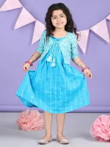 Sangria Girls Blue Striped Cotton Sleeveless A-Line Ethnic Dress With Jacket