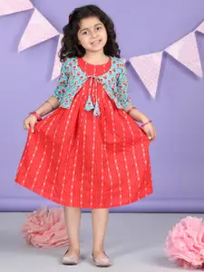 Sangria Girls Red Printed Cotton Sleeveless A-Line Ethnic Dress With Jacket