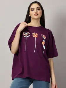THE HOLLANDER Floral Printed Drop-Shoulder Sleeves Pure Cotton Oversized T-shirt