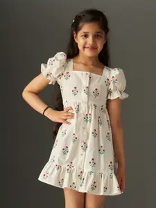 KidsDew Floral Print Flutter Sleeve Fit & Flare Mini Dress