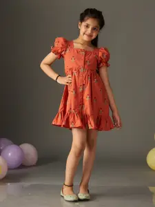 KidsDew Girls Floral Print Puff Sleeves Cotton Fit & Flare Dress
