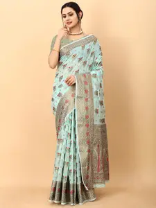 Mitera Blue & Red Ethnic Motifs Woven Design Zari Silk Cotton Banarasi Saree