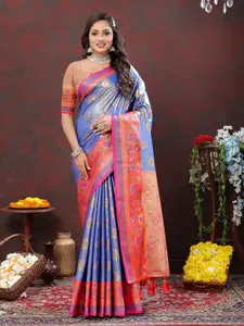 Mitera Turquoise Blue & Orange Ethnic Motifs Woven Design Zari Kanjeevaram Saree