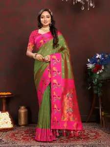 Mitera Green & Pink Ethnic Motifs Woven Design Zari Paithani Saree