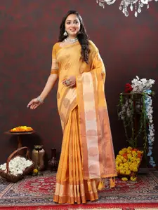 Mitera Yellow & Copper Toned Ethnic Motifs Woven Design Zari Silk Cotton Banarasi Saree